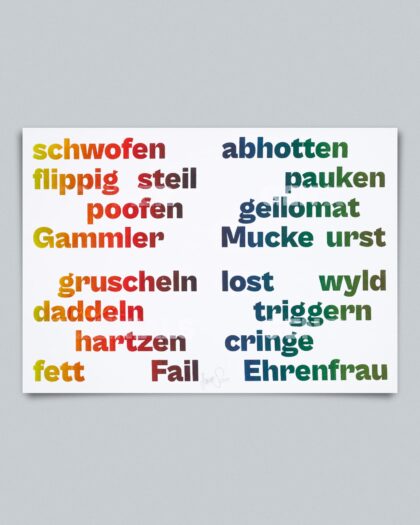 Eine Poster im Querformat mit einem weißen Hintergrund. Darauf sind jeweils fünf Trendwörter der Generation Boomer, GenX, Millenials und GenZ in dicken, serifenlosen Großbuchstaben in vier Zeilen angeordnet. Die Wörter sind in einem Farbverlauf gedruckt.